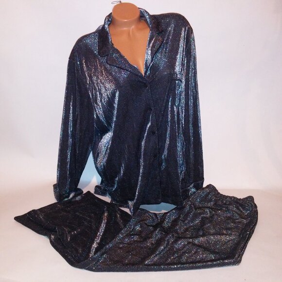 Victoria Secret Sleepwear Set Top & Bottom Black Silver Pajama Long Sleeve Pants - Picture 2 of 10